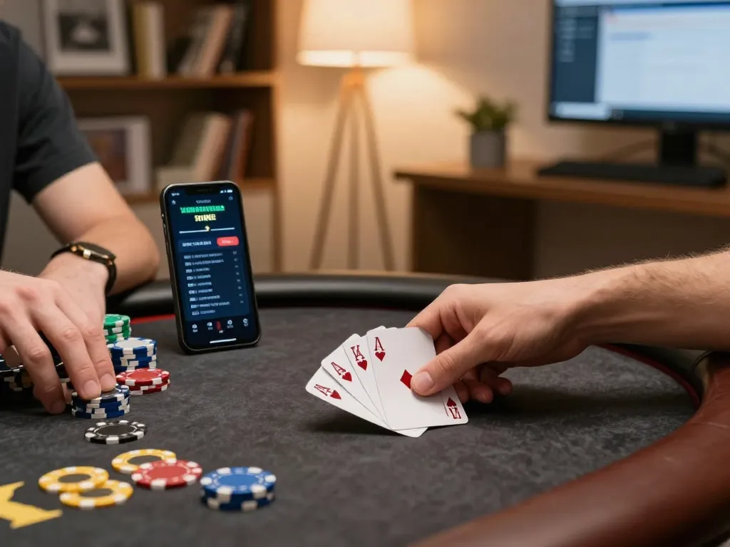 Engaging moment of online poker gameplay highlighting XX88 strategies in cozy home setting