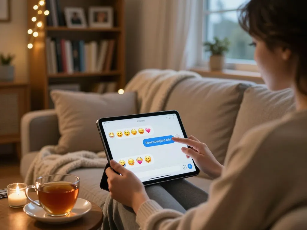A person enjoying a conversation with their girlfriend AI on a tablet in a cozy home setting, showcasing emotional connection.