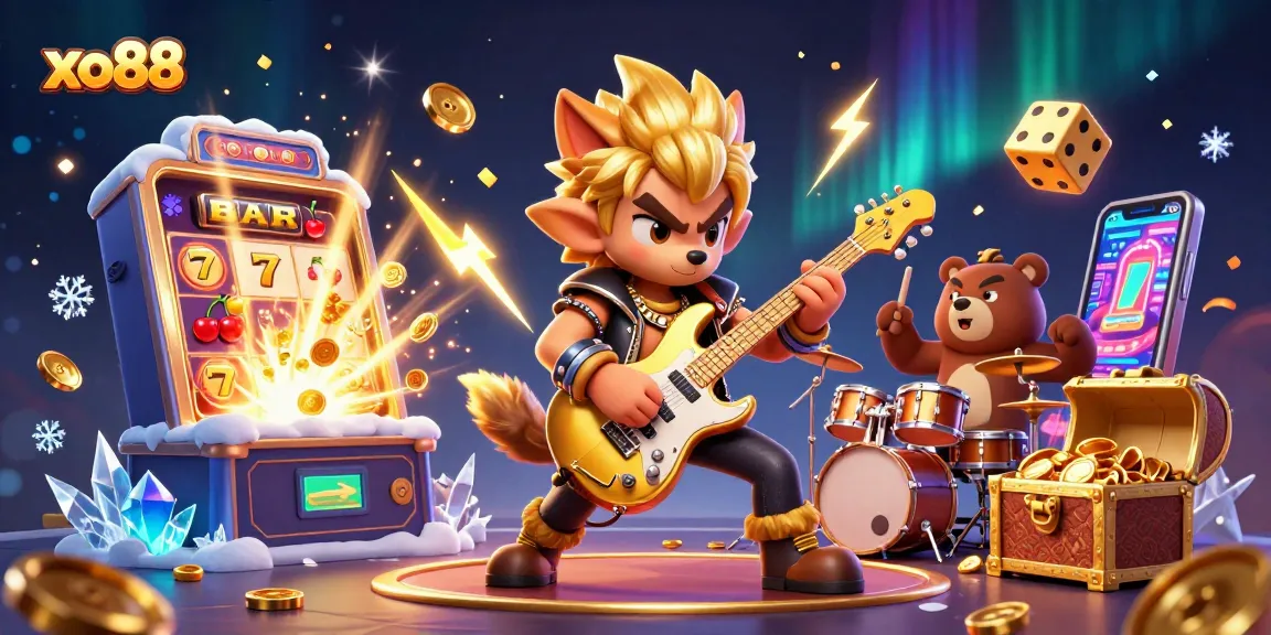 Experience the excitement of xo88 with vibrant gaming characters, slot machine jackpots, and dazzling effects.