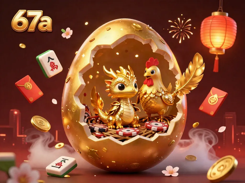 67a features a colossal golden egg unlocking a dragon amidst poker chips in this vibrant casino scene.