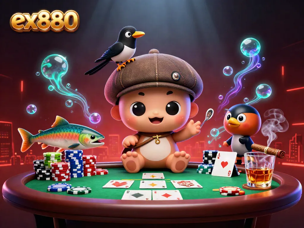 Experience ex880 excitement with a playful baby Nessie amidst vibrant poker elements.