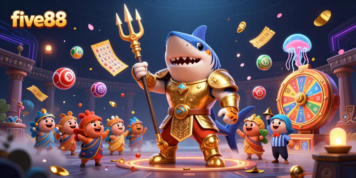 Engage with five88's exciting underwater casino scene featuring a shark gladiator, lottery elements, and vibrant visuals.