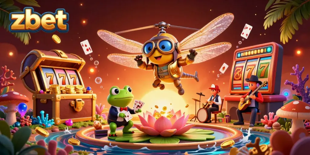 Engage in thrilling gameplay at zbet with a lively 3D casino scene featuring unique characters and rich gambling elements.