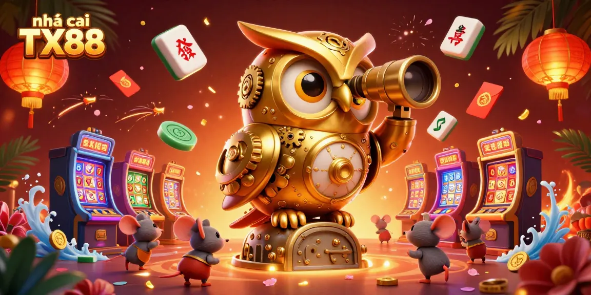 Engage with nhà cái TX88 in this vibrant casino scene featuring a golden owl and lively slot machines.