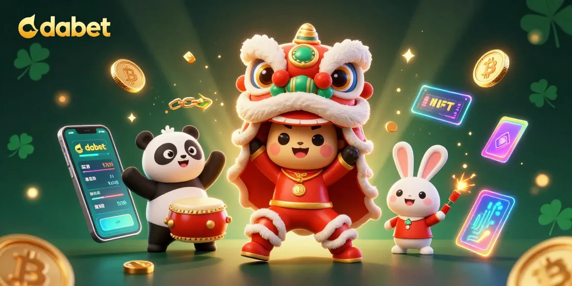 Engage with dabet's thrilling gaming scene featuring a lion dance, crypto coins, and rich decorations.