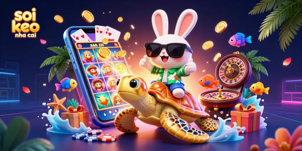 Soi keo nha cai enhances gaming excitement, showcasing a lucky rabbit and golden sea turtle amidst vibrant casino elements.