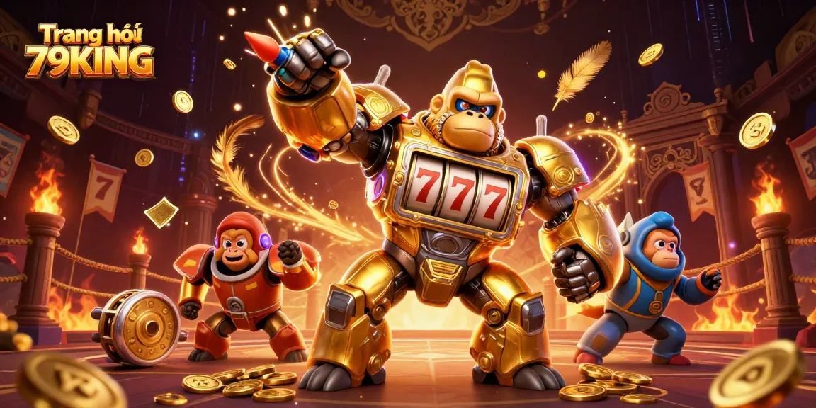 Witness the thrilling world of Trang chủ 79KING with an action-packed 3D digital illustration featuring a golden gorilla mech and casino elements.