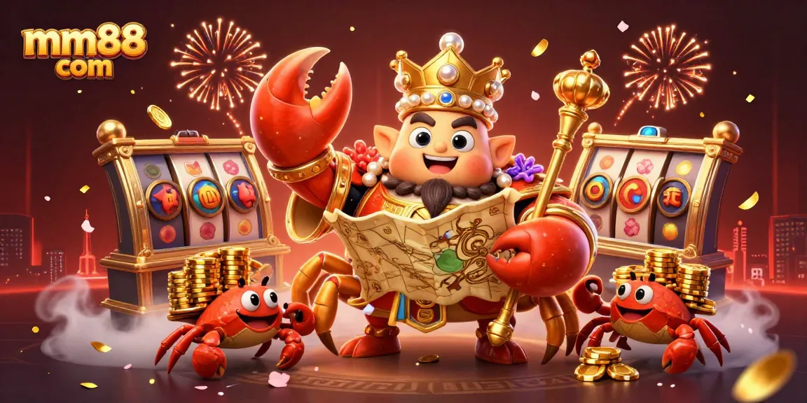 Win big at mm88 com with a thrilling 3D casino scene featuring a golden crab emperor and vibrant game elements.