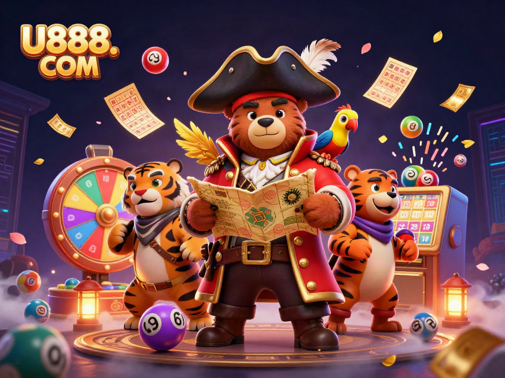 Experience thrilling gameplay at U888. COM with cartoon characters surrounded by lottery elements.
