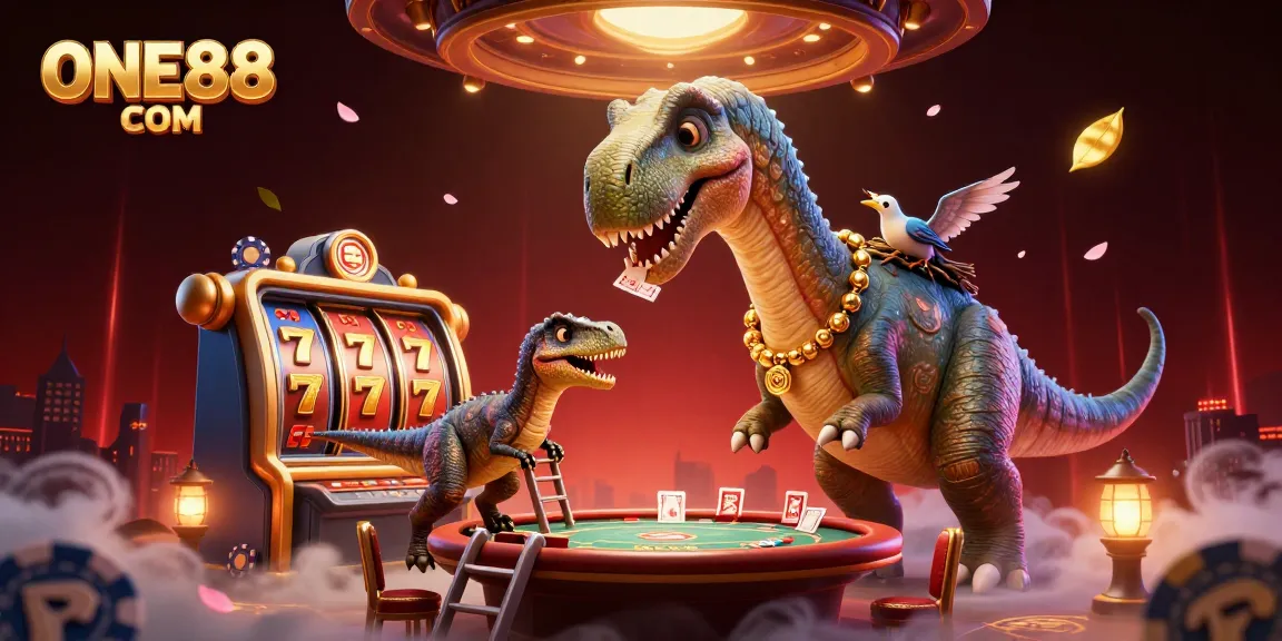 Engage in exciting gameplay at ONE88 COM with dynamic scenes of a towering dinosaur amidst vibrant casino elements.
