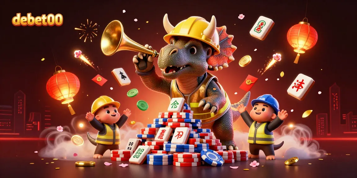 Engage with debet00 where a triceratops builds a pyramid of poker chips amidst festive celebrations.
