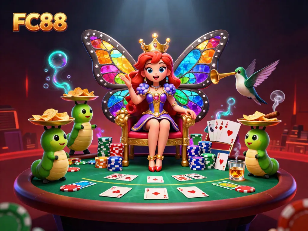 Experience the vibrant world of FC88 with a thrilling gambling atmosphere featuring a butterfly queen amidst poker elements.