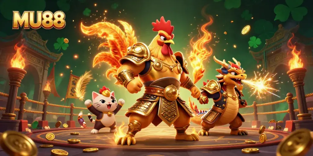 Explore thrilling adventures at MU88 with a cartoon rooster warrior and dragon in a dynamic casino scene.