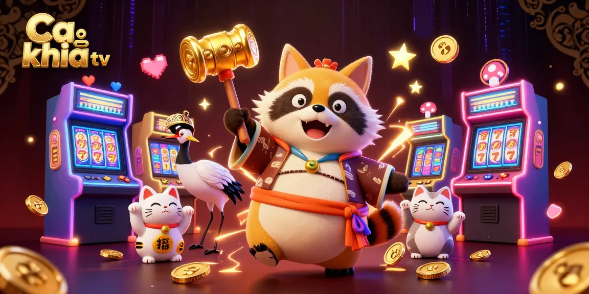 Win big with Ca khia tv as the cheerful tanuki character celebrates vibrant gaming action amid 3D casino elements.