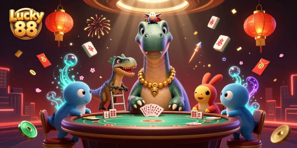 Experience the thrill of Lucky 88 with a playful brontosaurus dealer and vibrant casino elements.
