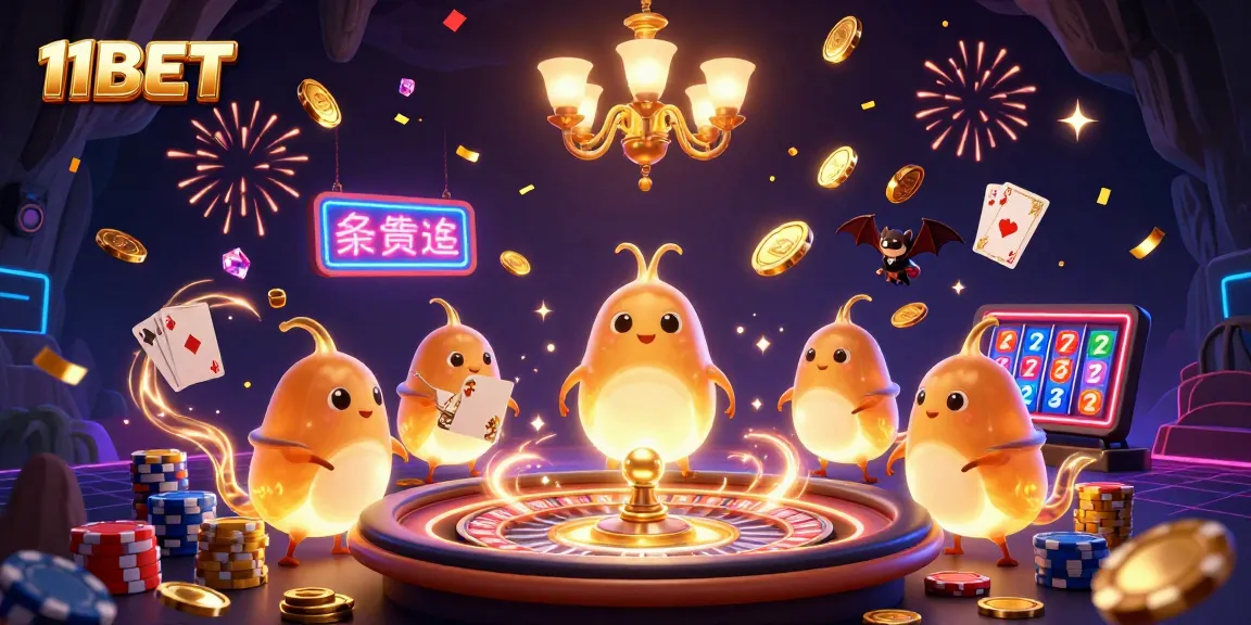 Experience excitement at 11BET with a vibrant 3D casino scene featuring a bat dealer and glowworms.