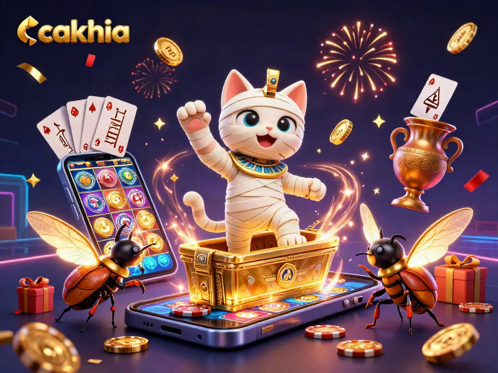 Experience the thrill at Cakhia's pyramid casino with the mummy cat and golden scarab!