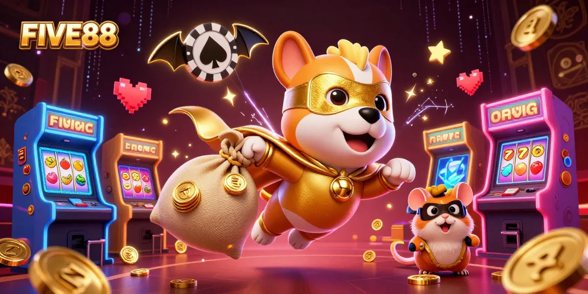 Experience the excitement of FIVE88 with a vibrant 3D superhero scene celebrating casino thrills.