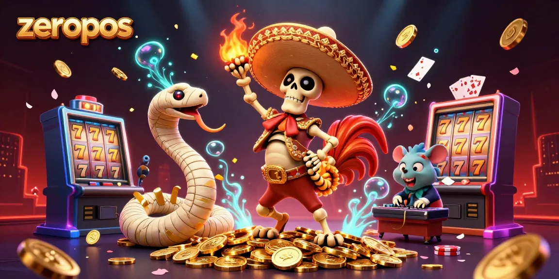 Experience the excitement of zeropos with vibrant 3D characters and casino elements in a dynamic illustration.