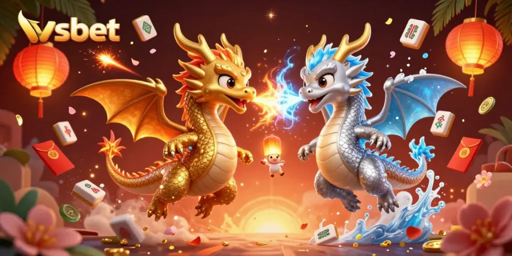 Experience thrilling action with vsbet as two 3D dragons engage in a colorful casino scene.