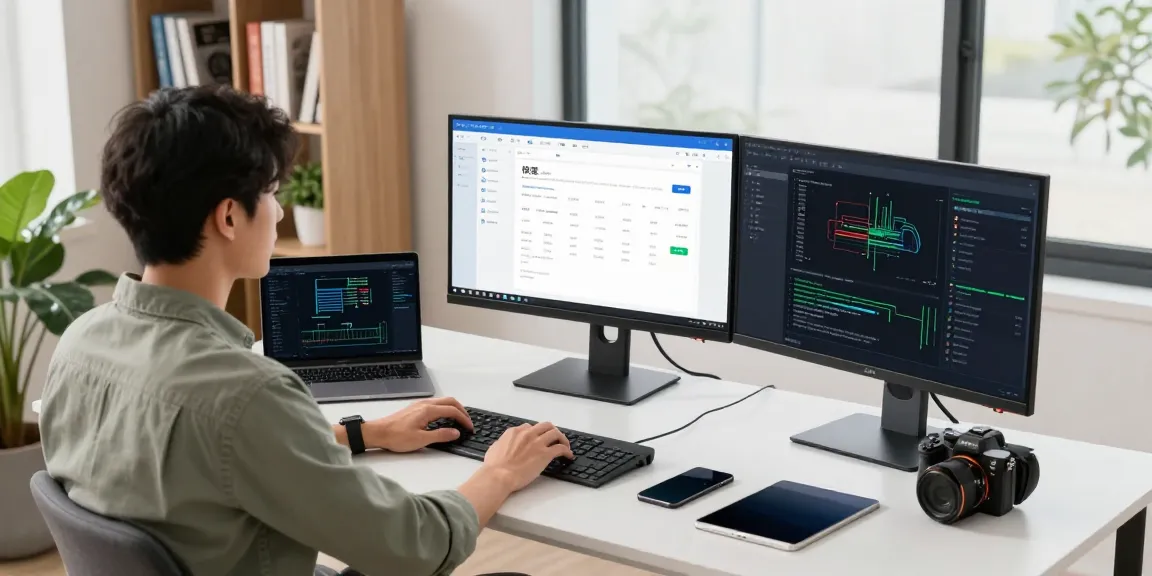 快连 network engineer in a tech workspace setting, showcasing high-tech devices and a collaborative environment.