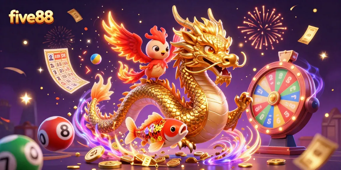 Engage in the thrilling world of five88 with a vibrant 3D illustration of a dragon, phoenix, and koi fish.