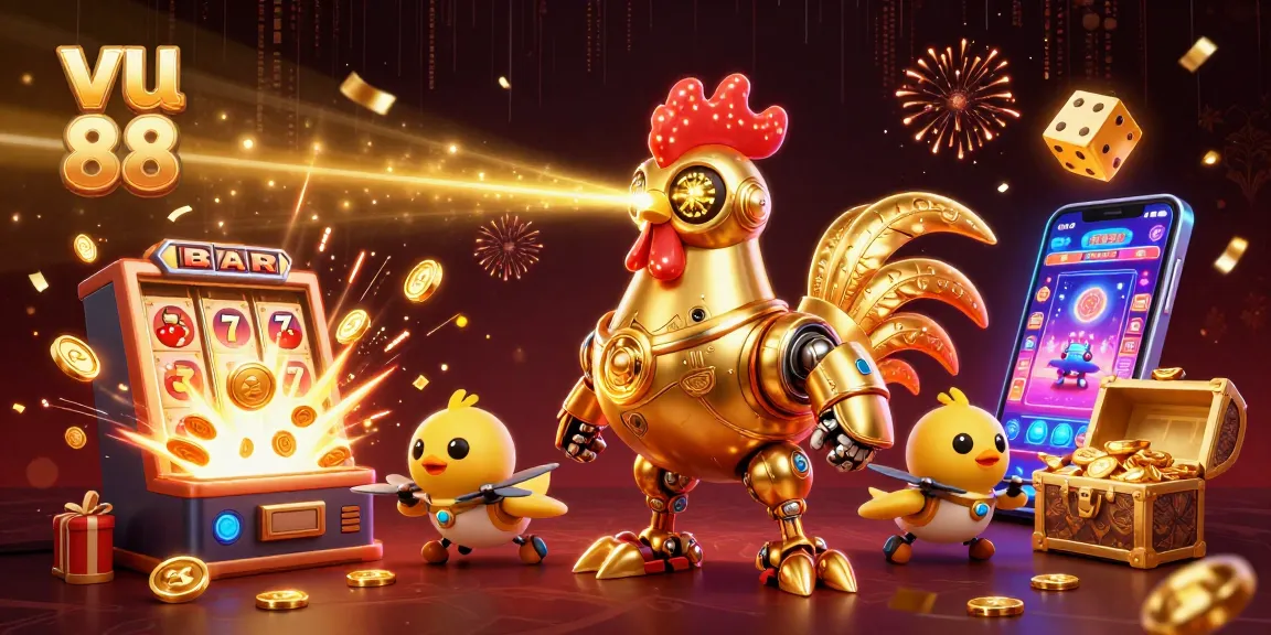 Experience the thrill of winning at vu 88 with a vibrant 3D casino illustration showcasing jackpots and games.