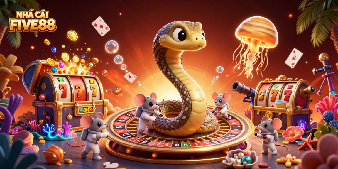 Experience the excitement at NHÀ CÁI FIVE88 with vivid cosmic gambling elements and cartoon characters.