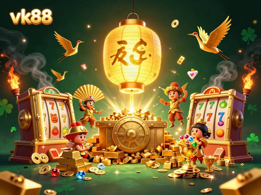 Experience vk88's vibrant online casino world with golden treasures and lucky symbols illuminating the 3D scene.