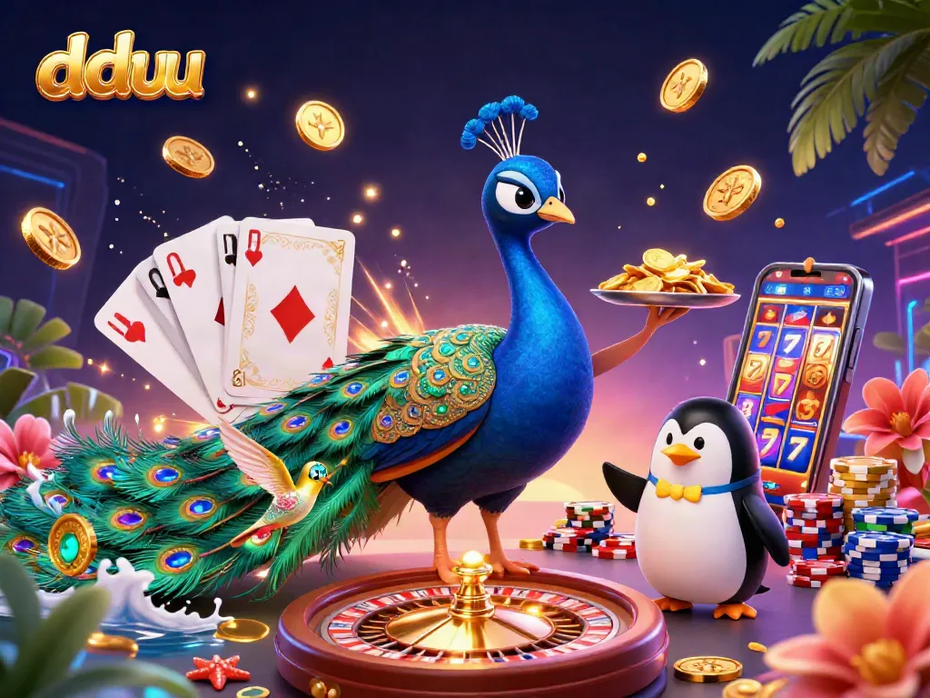 Experience the thrills of dduu with a vibrant 3D casino scene featuring a colorful peacock, butler penguin, and golden hummingbird.
