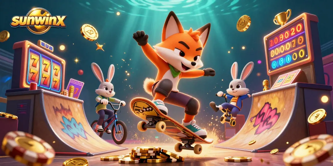 Engage with the action in sunwinx's dynamic casino scene featuring playful characters and vibrant gambling elements.
