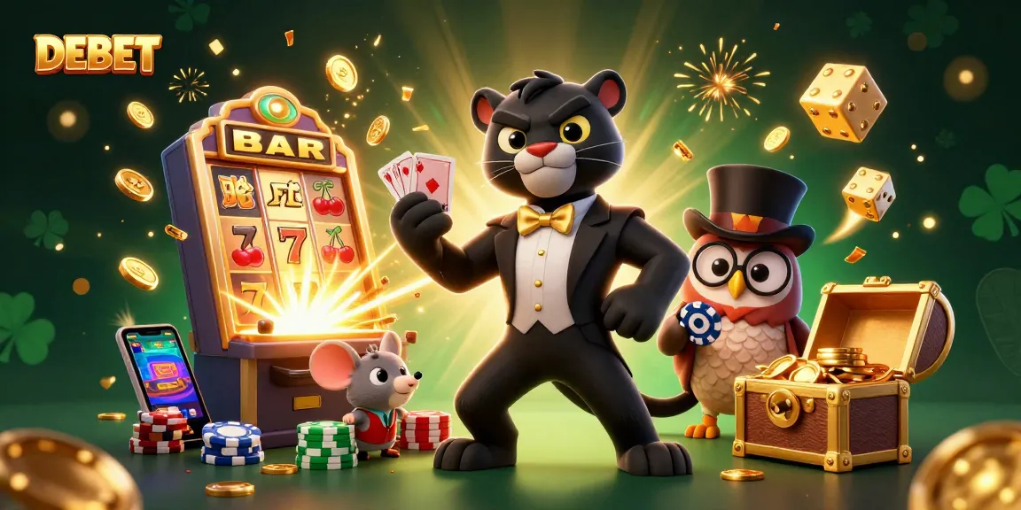Experience the thrill of DEBET with stylish characters and vibrant casino elements in this dynamic illustration.
