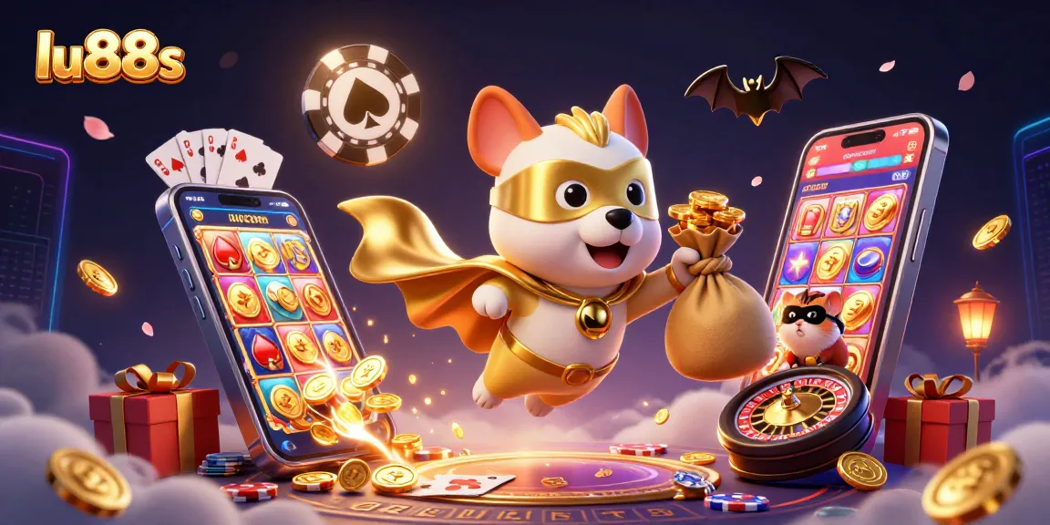 Experience thrilling wins at lu88s with a cartoon superhero dog flying amidst vibrant casino games and gold coins.