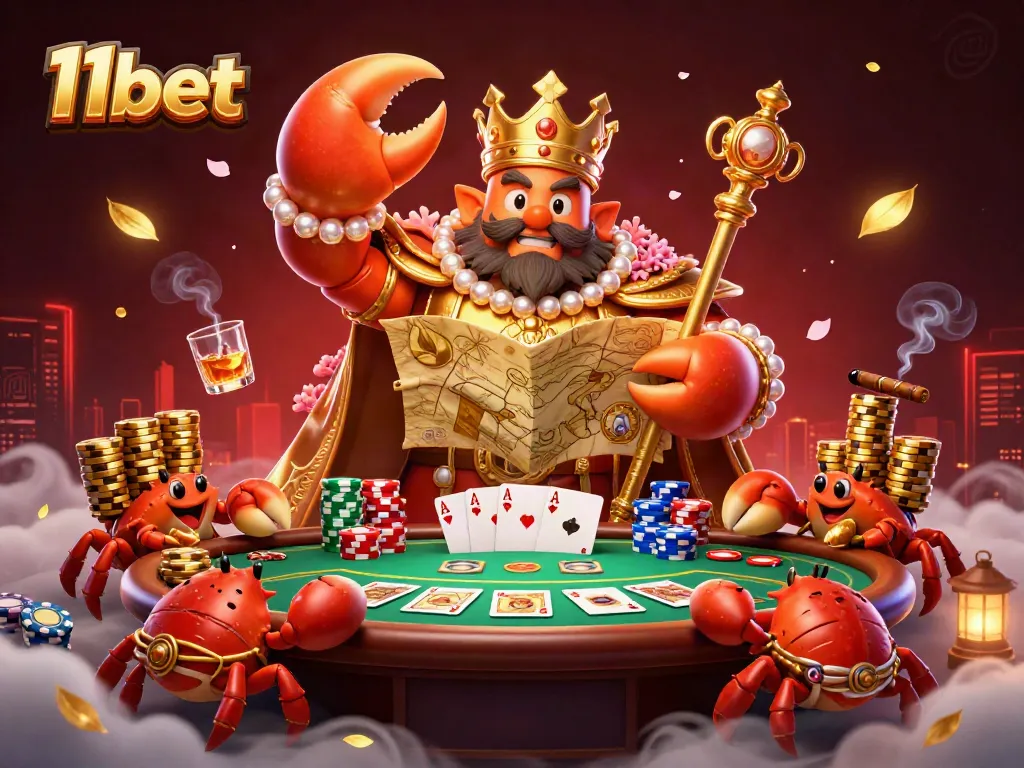 Experience the rich world of 11bet with a golden crab emperor and vibrant poker elements.