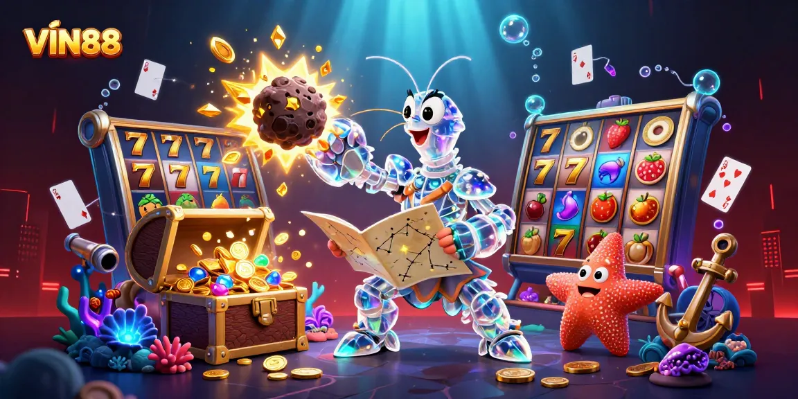 Experience the thrills of VIN88 with a vibrant illustration showcasing slot games and epic underwater battles.