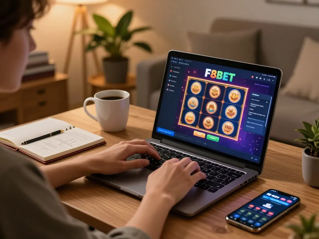 Player engaging on F8BET online casino interface during a cozy home gaming session.