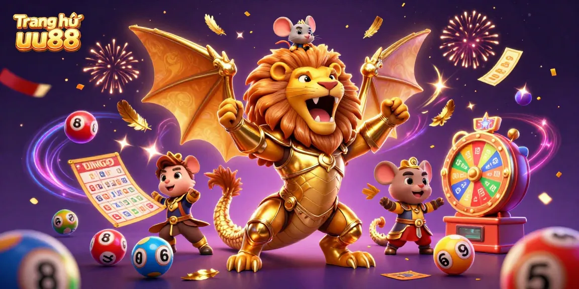 Experience excitement at Trang chủ uu88 with a vibrant scene of winning lottery balls and golden bingo elements.