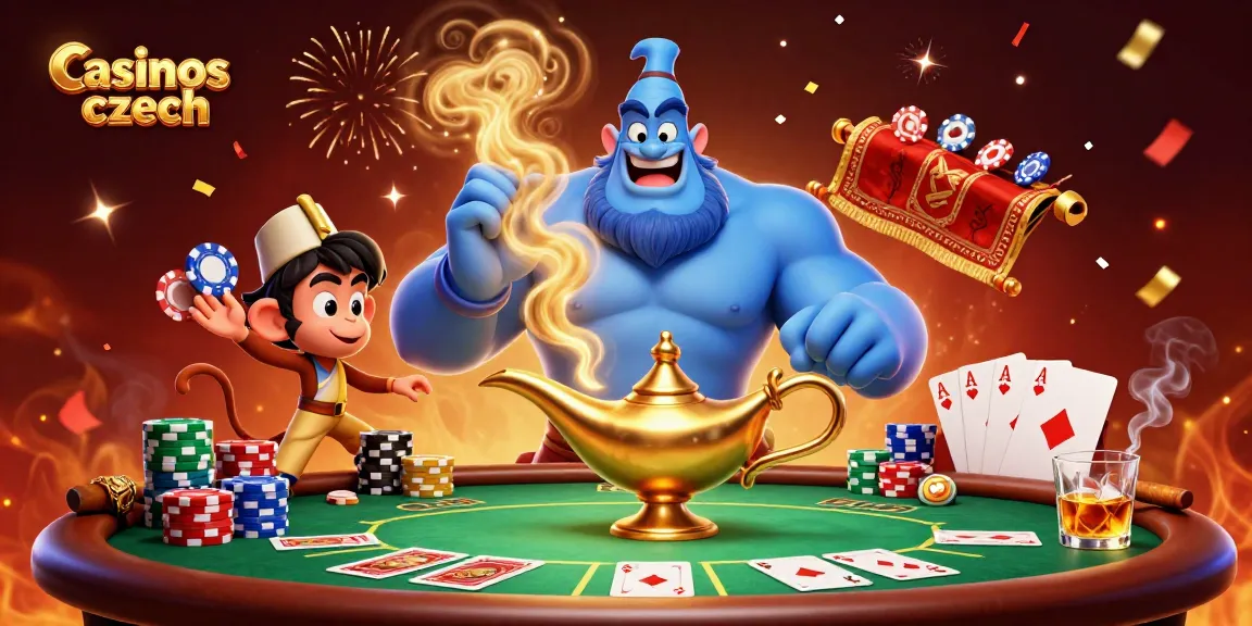 Kasina v ČR: Zábavná scéna s džinem, pokerovými žetony a kouzelným kobercem