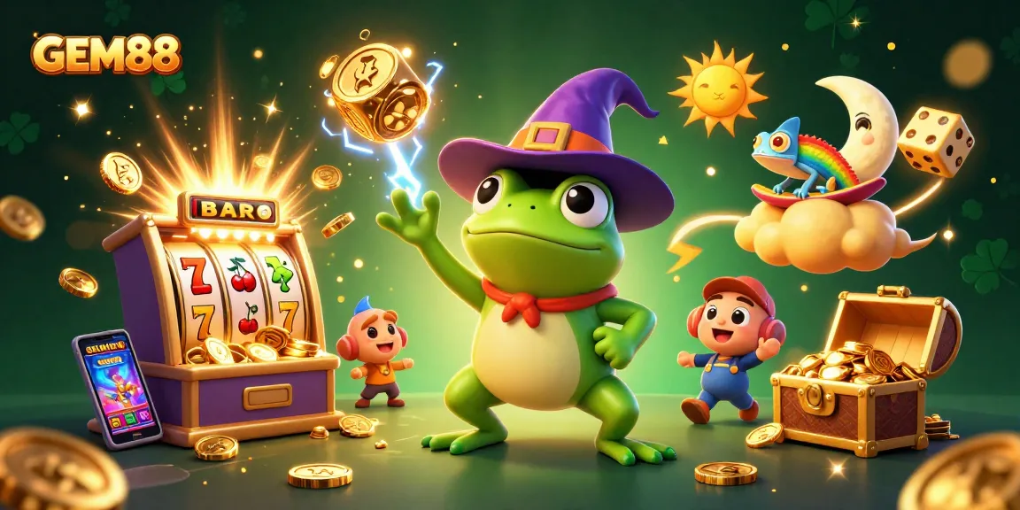 Experience GEM88's thrilling casino adventure with a wizard frog and chameleon amidst golden jackpots.