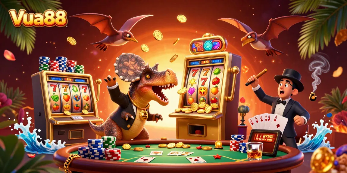 Vua88 jackpot illustration with a dinosaur interactively headbutting a slot machine, symbolizing thrilling wins.