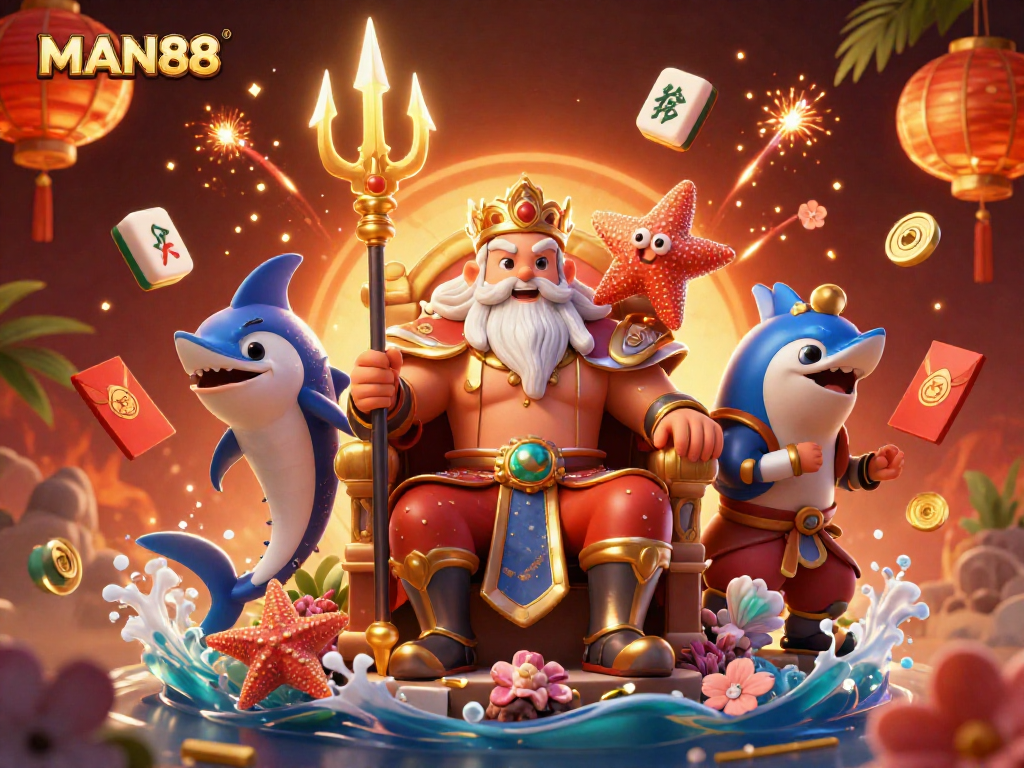 Experience the dynamic gaming world of MAN88 with Neptune and samurai in a vibrant casino scene