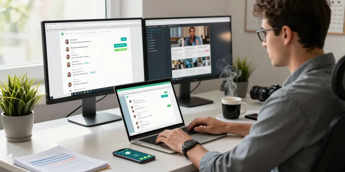 Engaged user utilizing WhatsApp網頁版 in a stylish home office environment with dual monitors.