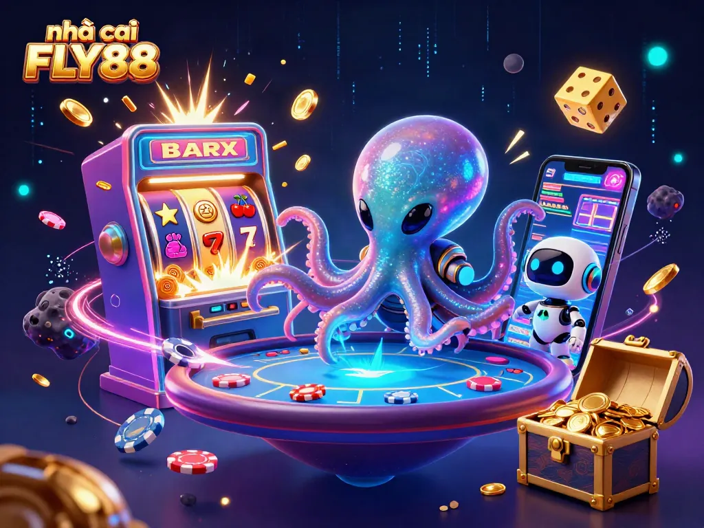 Engage in thrilling casino games with nhà cái FLY88's vibrant alien-themed gambling illustration.