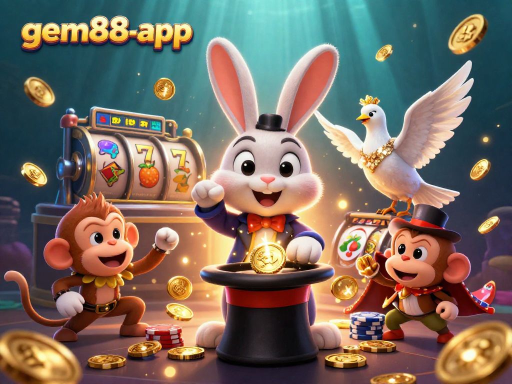 Experience the magic of gem88-app with a 3D illustration showcasing exciting casino elements.