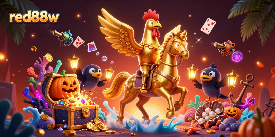 Experience the thrill of red88w as a golden rooster races through a vibrant midnight casino scene.