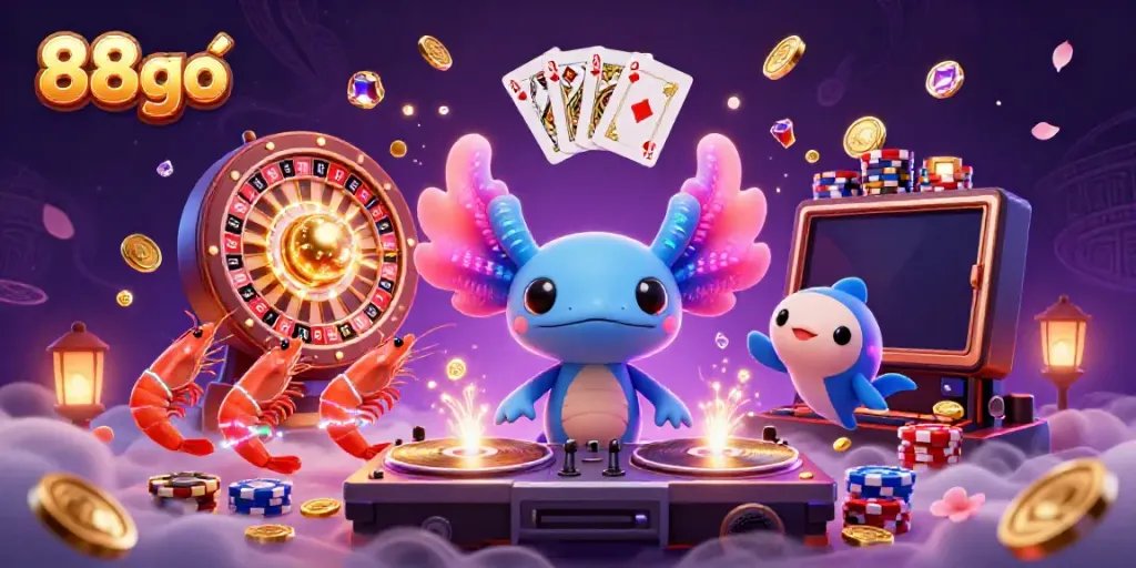 Experience the vibrant energy of 88go with a neon axolotl DJ spinning wheels of fortune, captivating players.