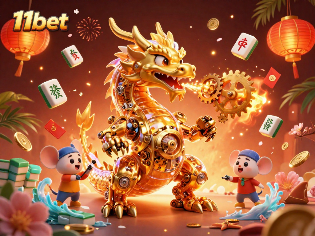 Experience 11bet's vibrant casino atmosphere with a golden dragon and festive elements.