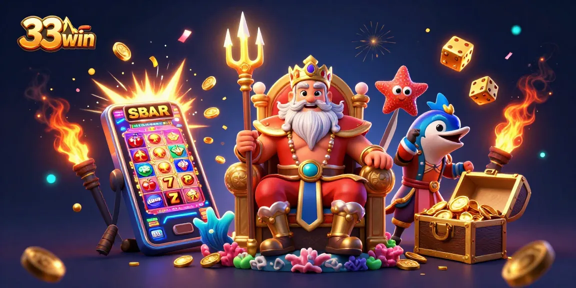 Experience the excitement of 33win with sea king Neptune among a dynamic casino scene full of vibrant game elements.