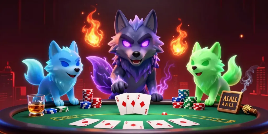 Engage with fafa bet 9 in this vibrant 3D poker scene featuring ghostly wolves and poker elements.