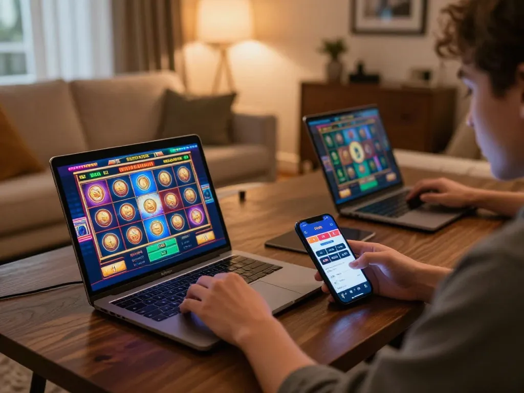 RR88 user enjoying slotted games on laptop, highlighting online gaming experience.